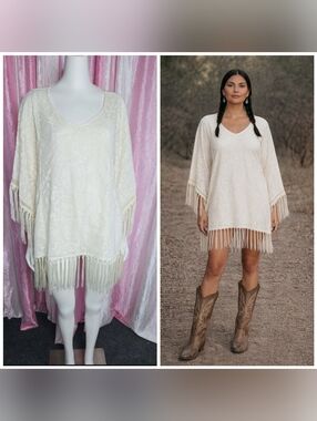 Reba Cream Lace Western Fringe Cotton Oversized Poncho Top Size Medium